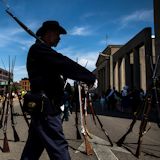 Dan Schuda, of Lemont, IL.45th Illinois infantry stands watch at the Old State Capitol as he awaits the beginning of the funeral procession